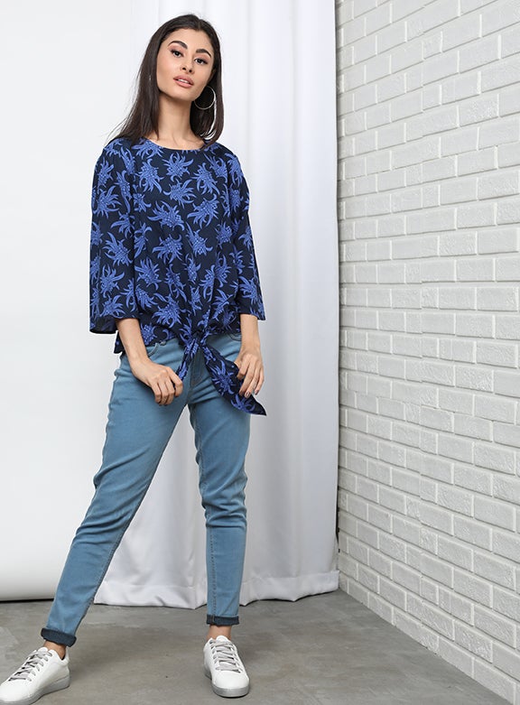 OFFROAD Floral Pattern Round Neck Casual Blouse Aop Blue  - Image 1