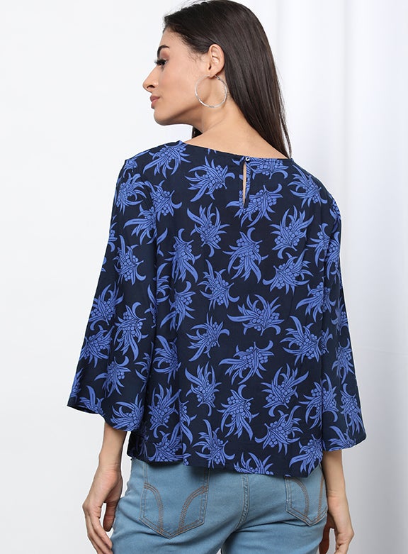 OFFROAD Floral Pattern Round Neck Casual Blouse Aop Blue  - Image 2