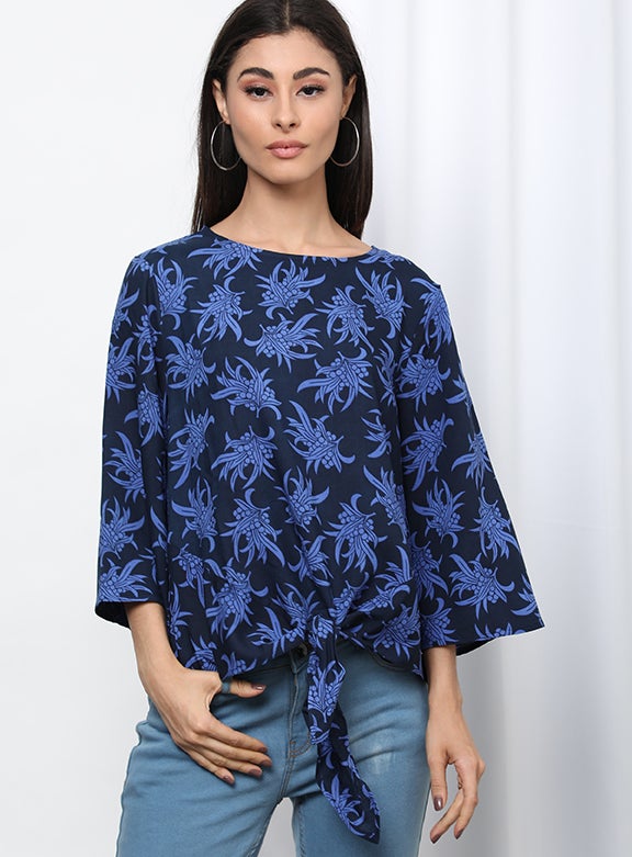 OFFROAD Floral Pattern Round Neck Casual Blouse Aop Blue  - Image 3