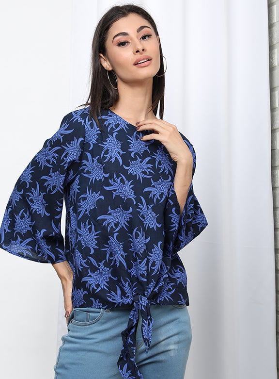 OFFROAD Floral Pattern Round Neck Casual Blouse Aop Blue  - Image 4
