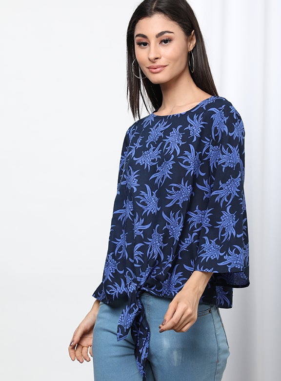 OFFROAD Floral Pattern Round Neck Casual Blouse Aop Blue  - Image 5