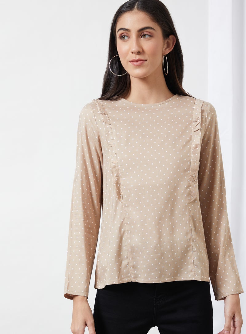 Aila Casual Round Neck Polka Dot Blouse Top Beige Dot Print  - Image 1