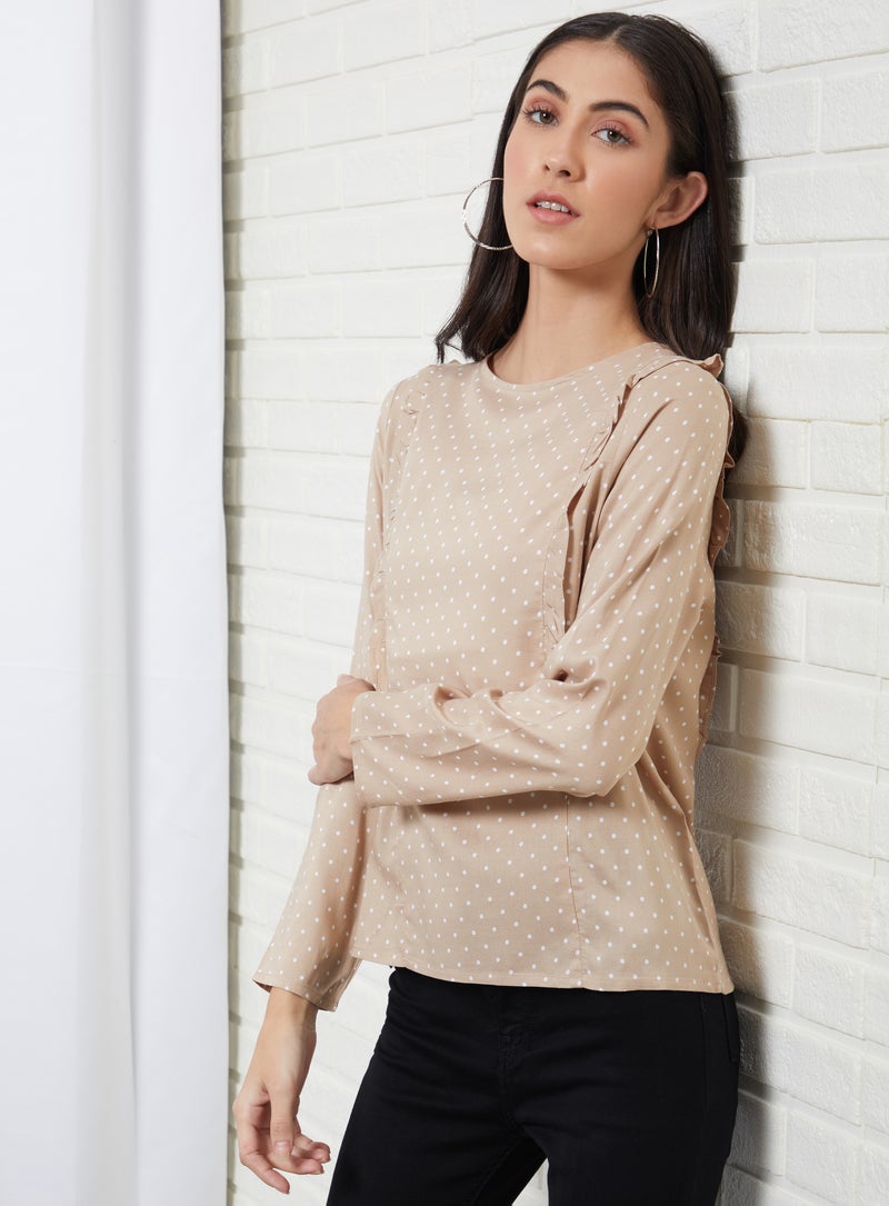 Aila Casual Round Neck Polka Dot Blouse Top Beige Dot Print  - Image 3