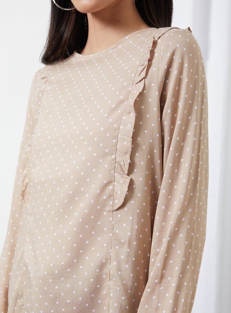 Aila Casual Round Neck Polka Dot Blouse Top Beige Dot Print  - Image 5