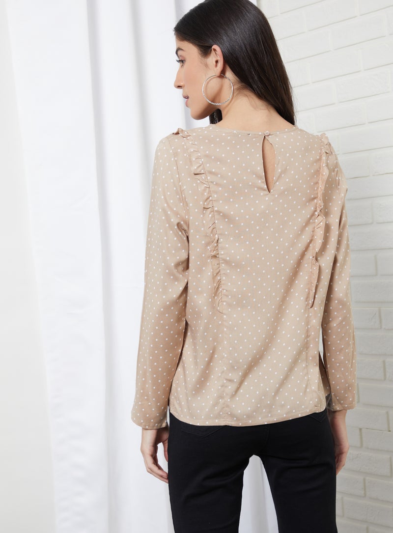 Aila Casual Round Neck Polka Dot Blouse Top Beige Dot Print  - Image 2