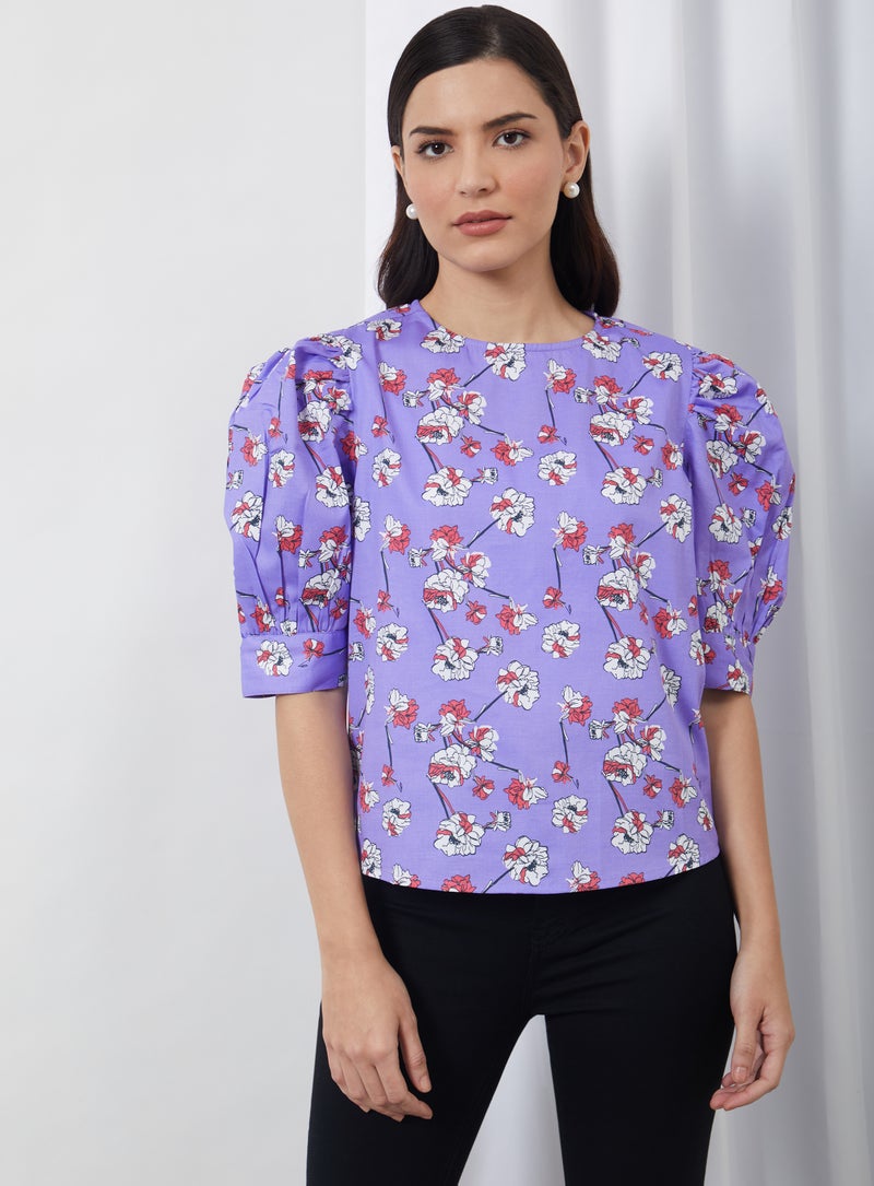 Aila Casual Round Neck Floral Blouse Lilac Aop - Image 1