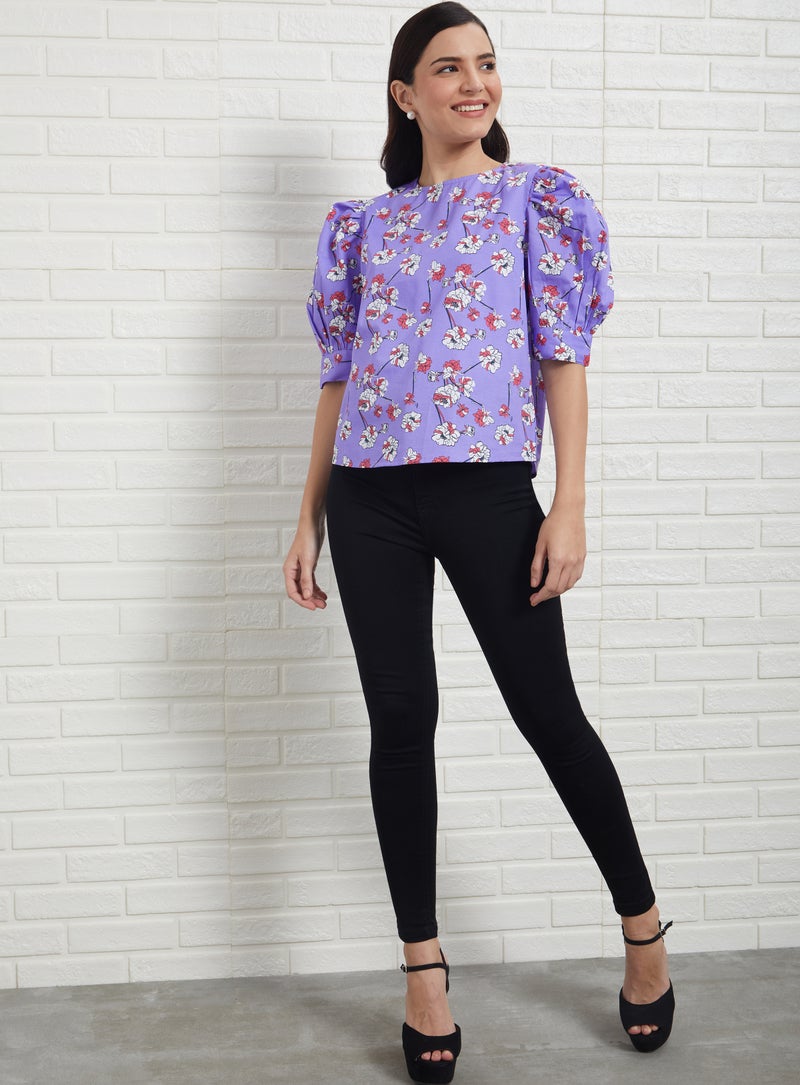 Aila Casual Round Neck Floral Blouse Lilac Aop - Image 5