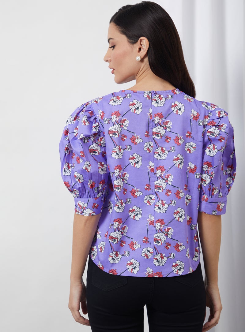 Aila Casual Round Neck Floral Blouse Lilac Aop - Image 2