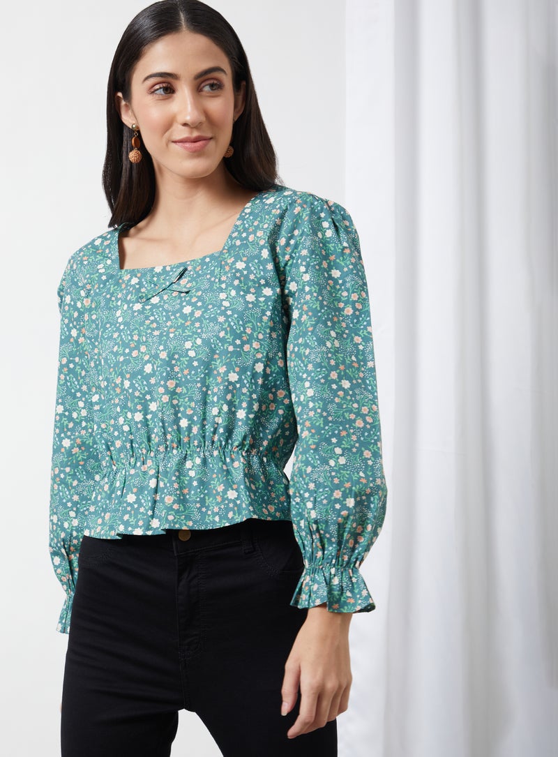 Aila Casual Square Neck Printed Blouse Green Aop - Image 1