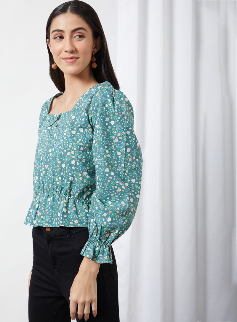 Aila Casual Square Neck Printed Blouse Green Aop - Image 3