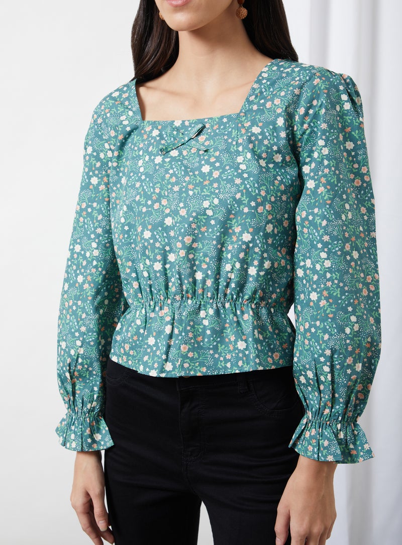 Aila Casual Square Neck Printed Blouse Green Aop - Image 4