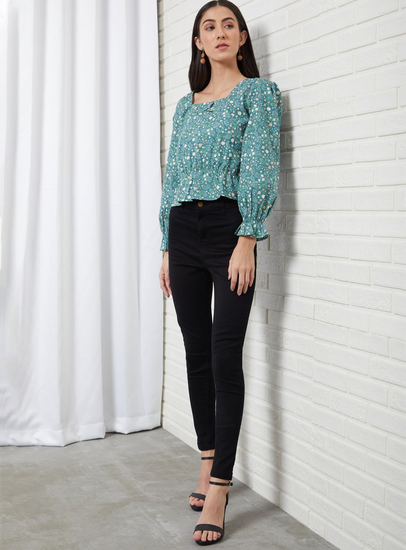 Aila Casual Square Neck Printed Blouse Green Aop - Image 5