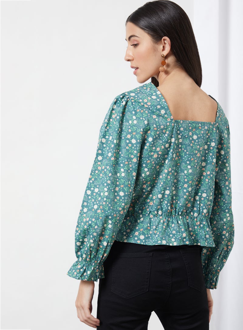 Aila Casual Square Neck Printed Blouse Green Aop - Image 2
