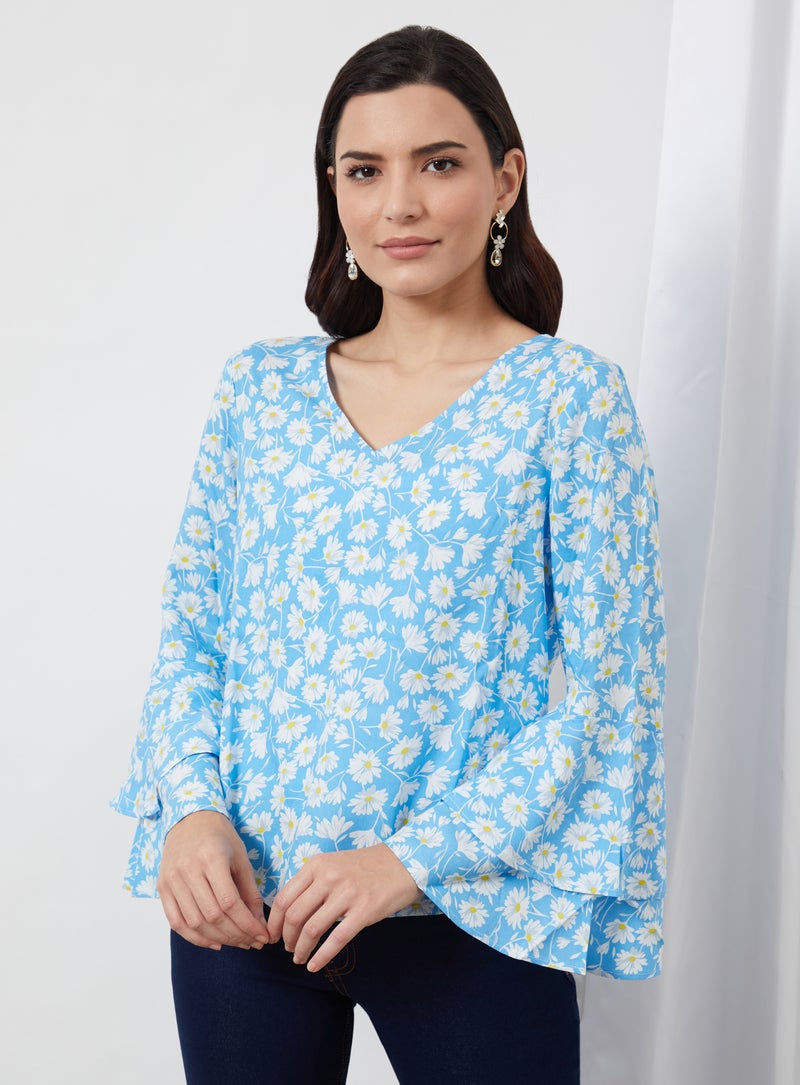 Aila Casual V-Neck Floral Blouse Top Blue Aop  - Image 1