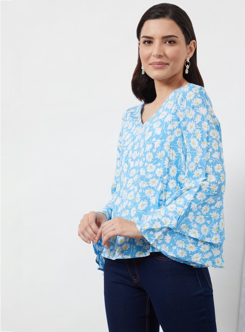 Aila Casual V-Neck Floral Blouse Top Blue Aop  - Image 3