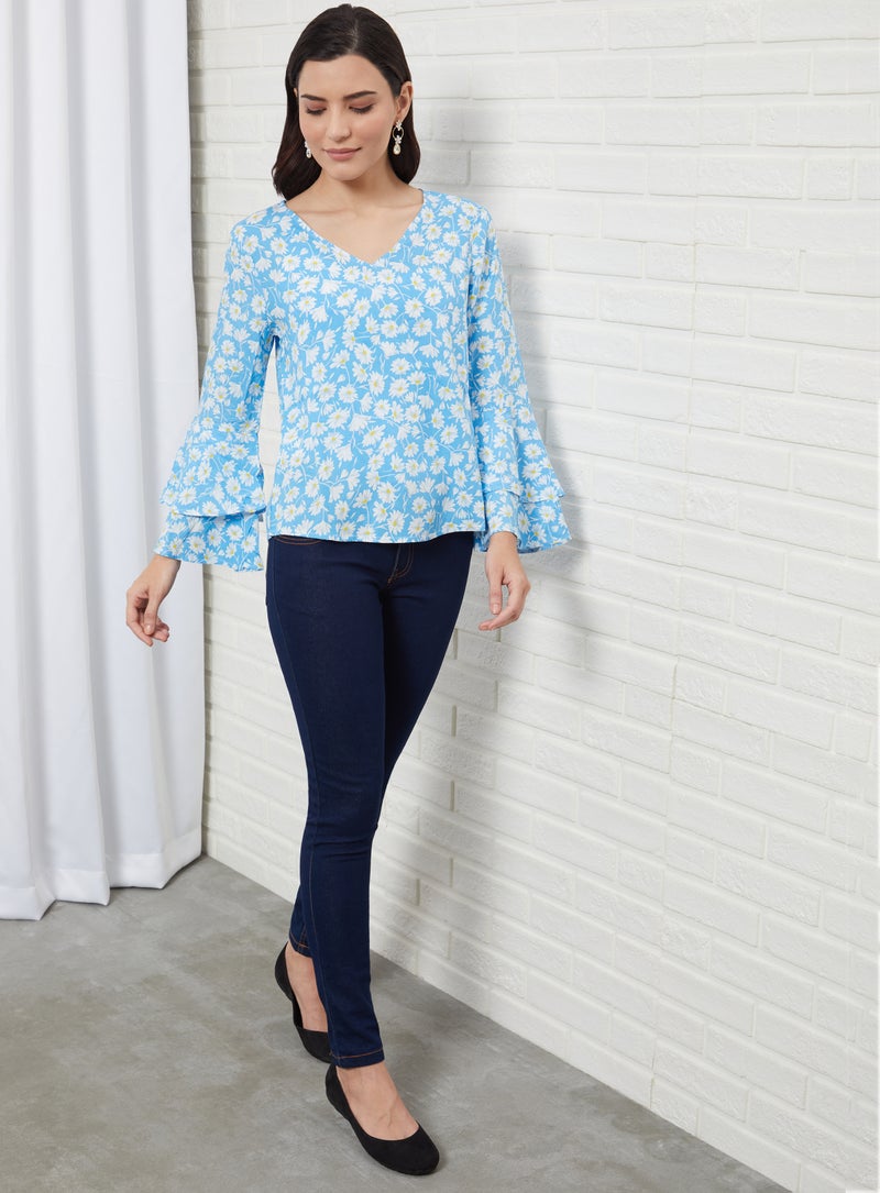 Aila Casual V-Neck Floral Blouse Top Blue Aop  - Image 5
