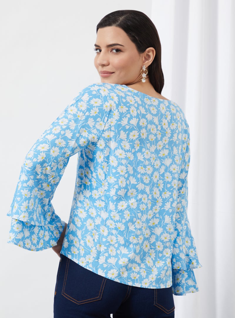 Aila Casual V-Neck Floral Blouse Top Blue Aop  - Image 2