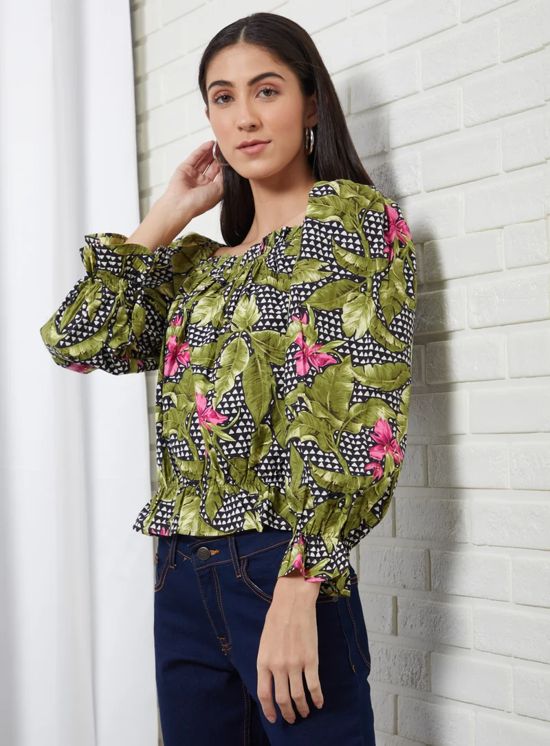 Aila Casual Square Neck Printed Blouse Multicolour