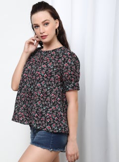OFFROAD Floral Round Neck Short Sleeve Blouse Aop Black/Pink  - Image 3