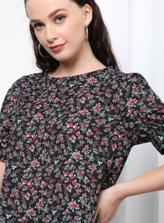 OFFROAD Floral Round Neck Short Sleeve Blouse Aop Black/Pink  - Image 4