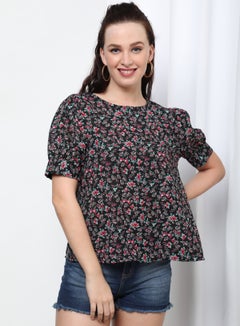 OFFROAD Floral Round Neck Short Sleeve Blouse Aop Black/Pink  - Image 1