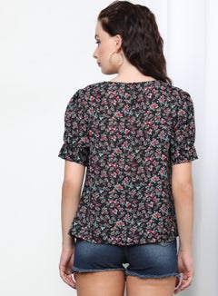 OFFROAD Floral Round Neck Short Sleeve Blouse Aop Black/Pink  - Image 2