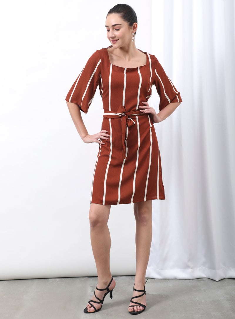 Aila Square Neck Striped Pattern Dress Brown  - Image 1