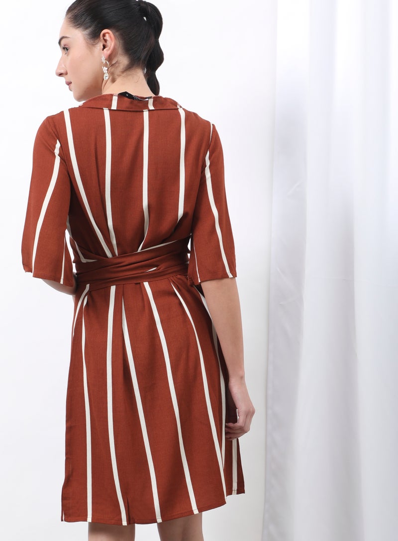 Aila Square Neck Striped Pattern Dress Brown  - Image 2