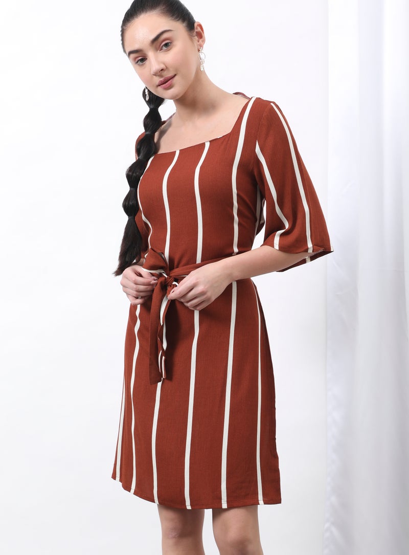 Aila Square Neck Striped Pattern Dress Brown  - Image 3