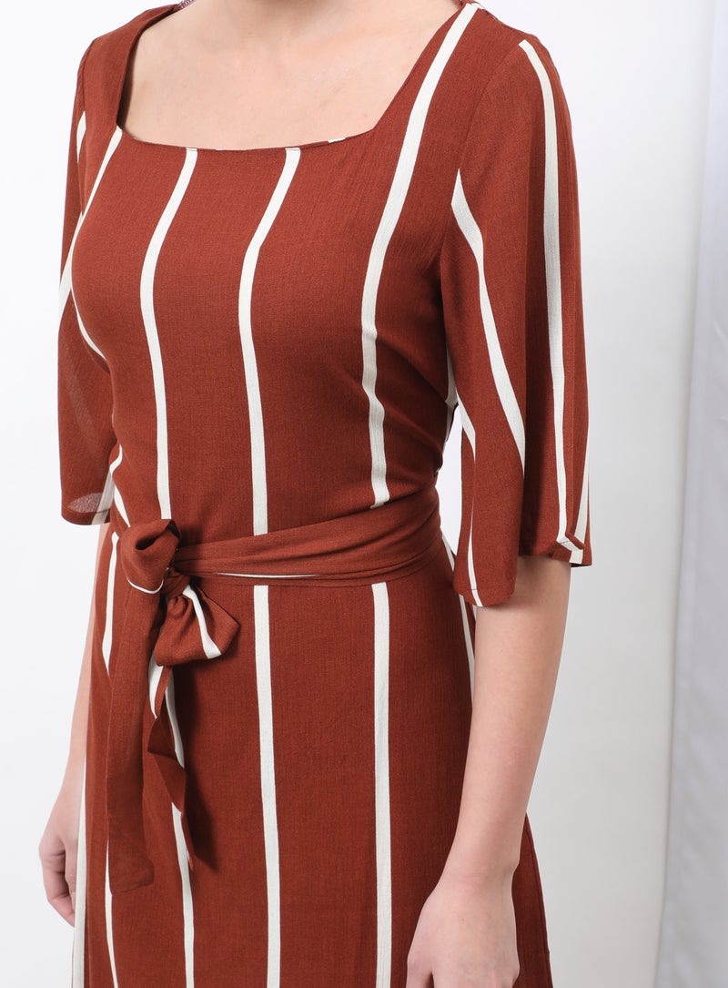 Aila Square Neck Striped Pattern Dress Brown  - Image 4