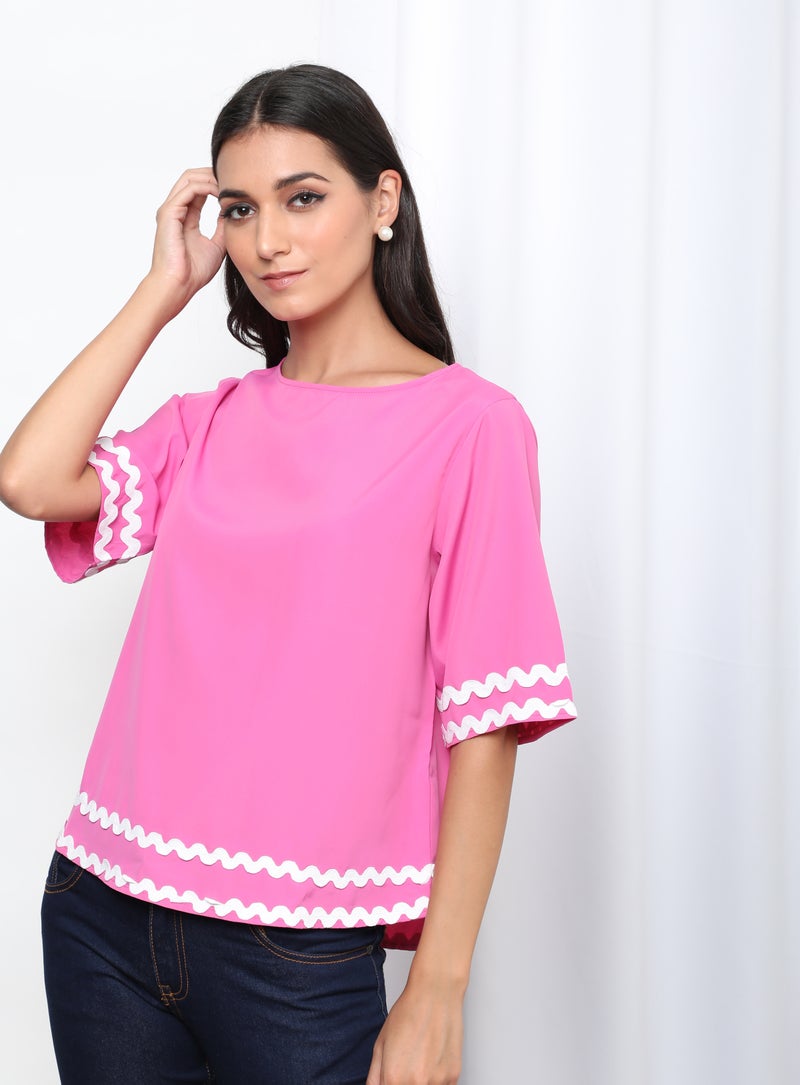 Aila Round Neck Short Sleeve Woven Top Lilac  - Image 3