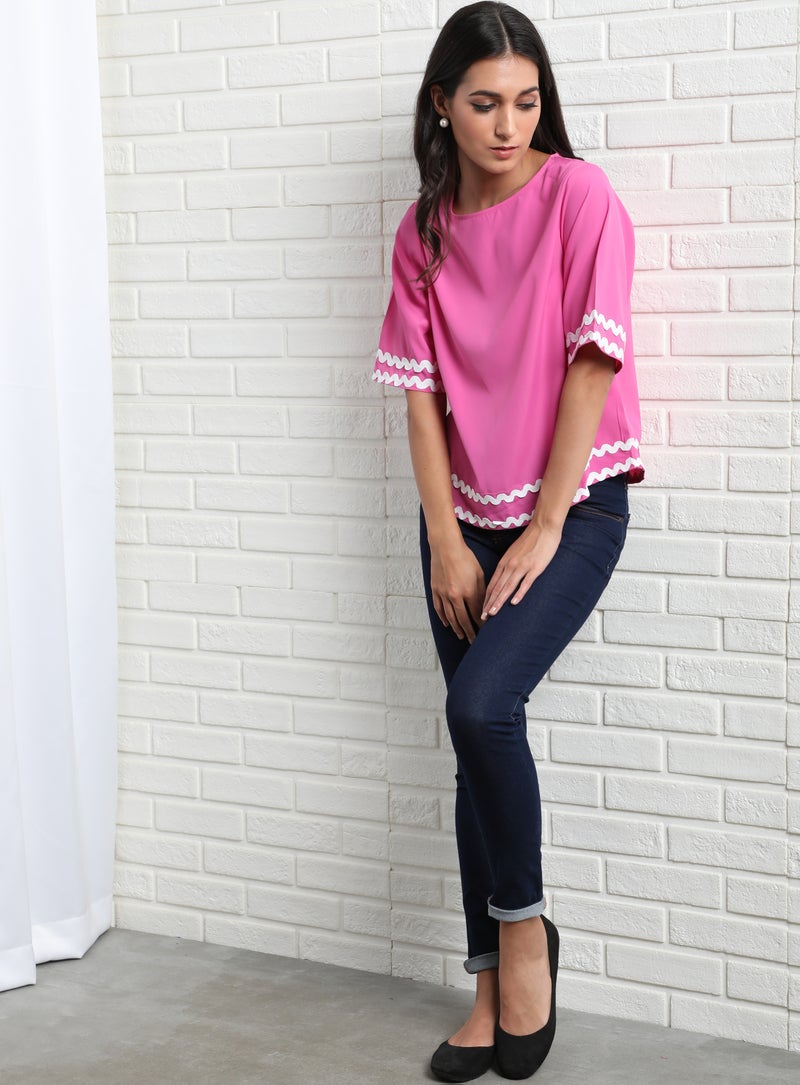 Aila Round Neck Short Sleeve Woven Top Lilac  - Image 5