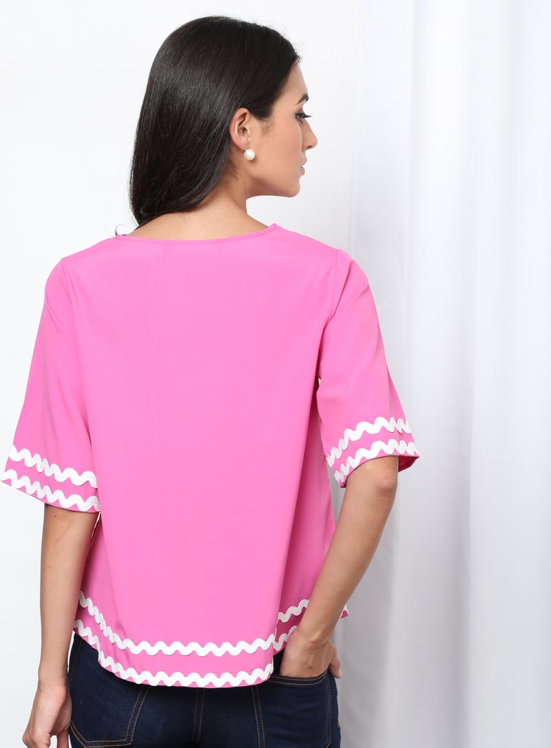 Aila Round Neck Short Sleeve Woven Top Lilac  - Image 2