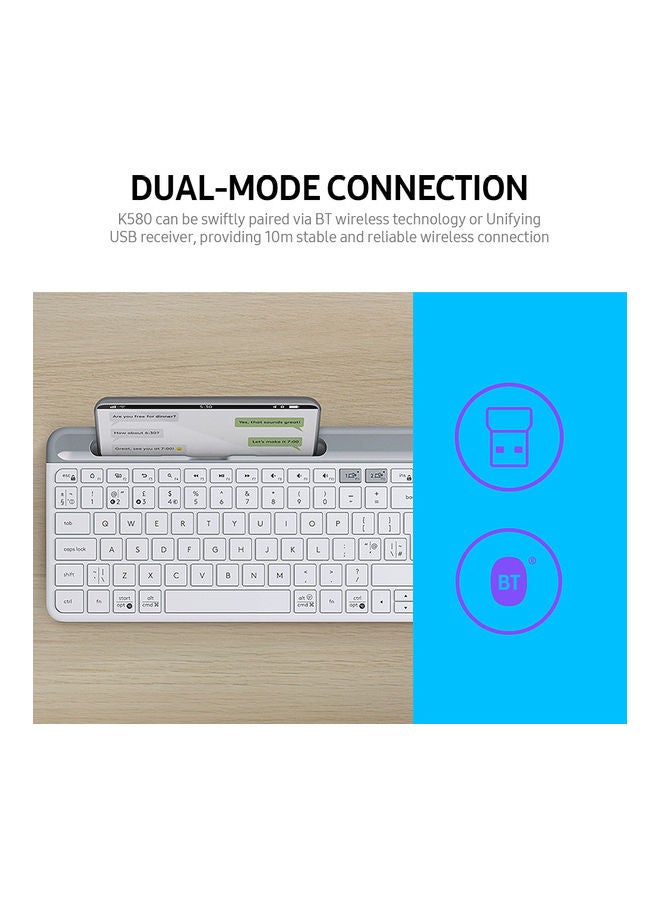 Logitech - K580 Slim Multi-Device Wireless Keyboard - Bluetooth/Receiver, Compact, Easy Switch, 24 Month Battery, Windows/Mac, Desktop, Tablet, Smartphone, Laptop Compatible, Arabic Keyboard White - Image 1