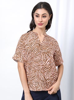 V-Neck Short Sleeve Casual Top Aop Brown Animal Print