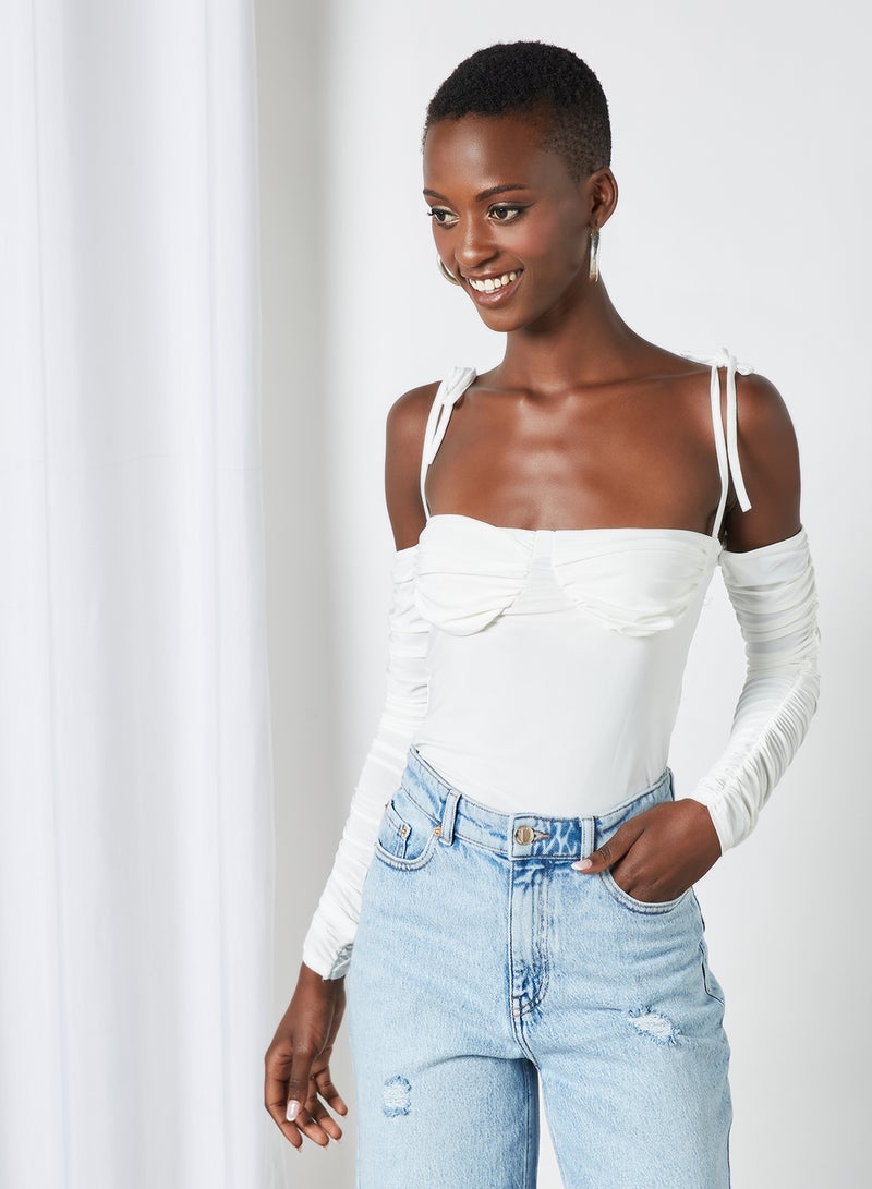 FEMME LUXE - Tie Up Ruched Bodysuit Cream - Image 1