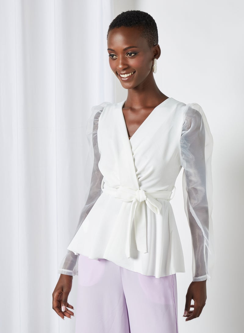 FEMME LUXE - Sheer Sleeve Belted Top White - Image 1