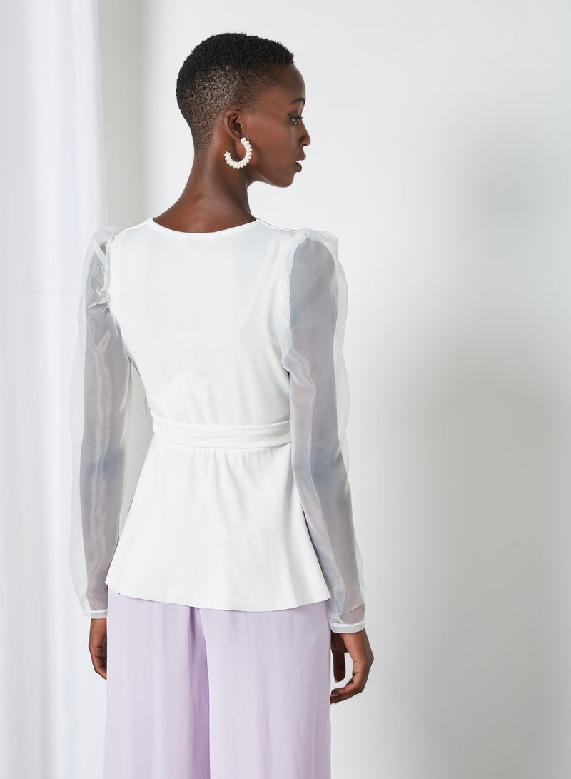 FEMME LUXE - Sheer Sleeve Belted Top White - Image 1