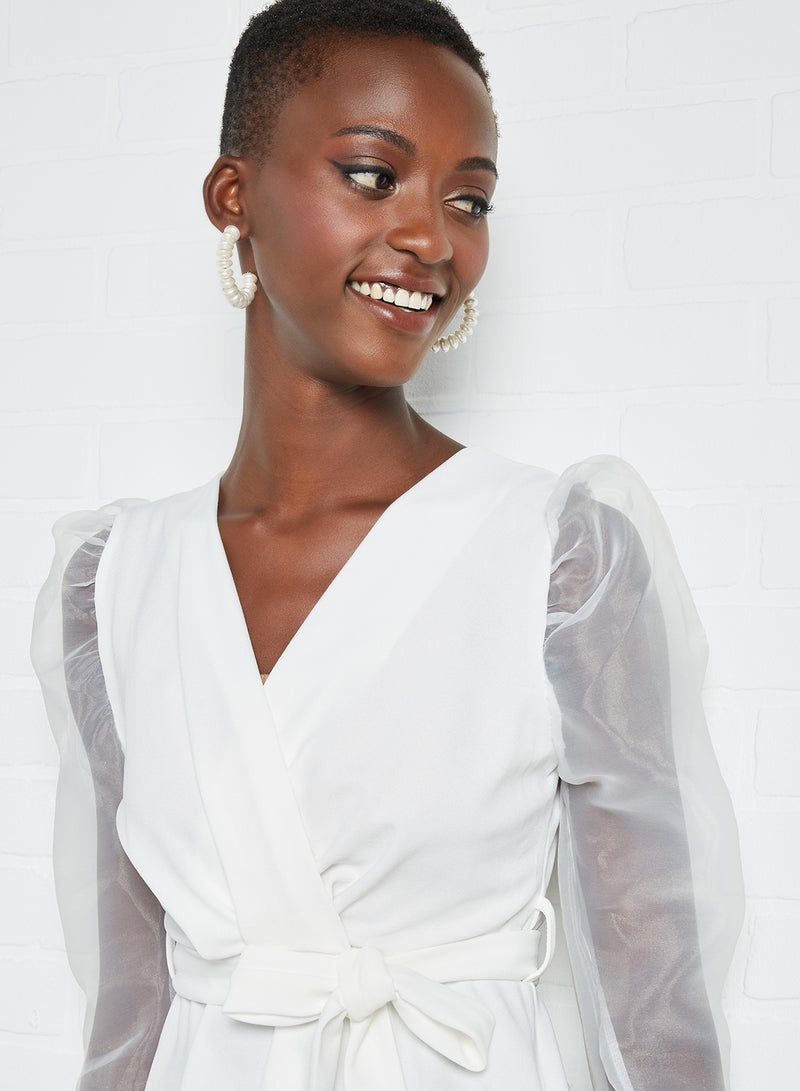 FEMME LUXE - Sheer Sleeve Belted Top White - Image 1