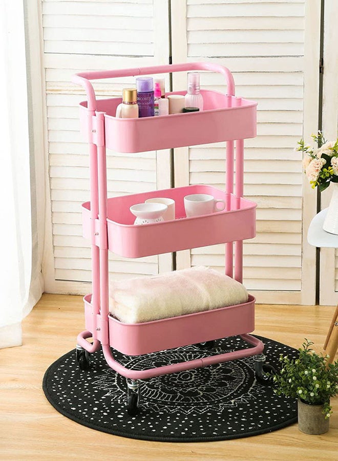 DBLEW - 3-Tier Multipurpose Utility Rolling Cart With Handle Pink 33.5x17.5x14.5inch - Image 1