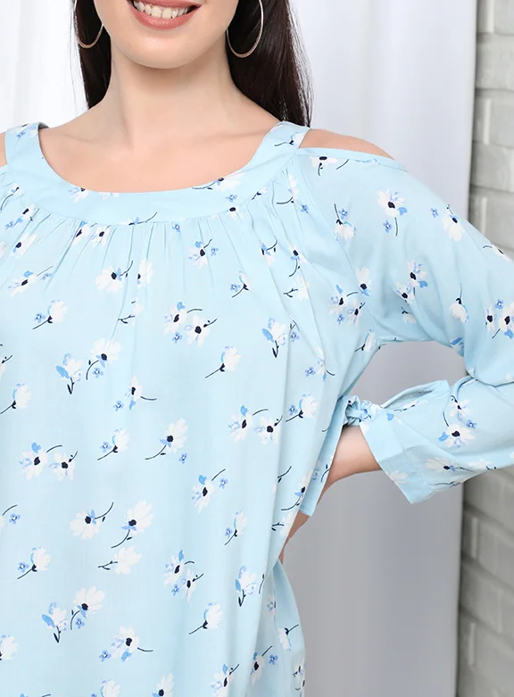 Aila Casual Polka Dot Long Sleeve Blouse Soft Blue Aop