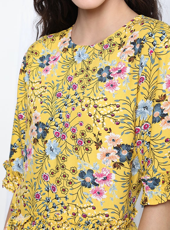 Aila Round Neck Printed Blouse Top Yellow Aop  - Image 4