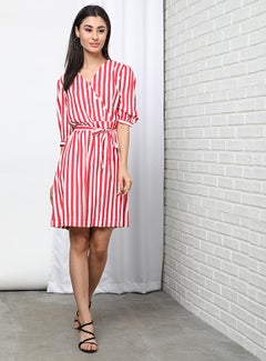OFFROAD Stripes Pattern V-Neck Dress Red/White  - Image 1