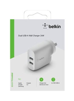 belkin Boost Charge Dual USB-A Wall Charger 24W (For iPhone 14 and 13 series, S22, S22+, S22 Ultra, Pixel 4, more) White  - Image 5
