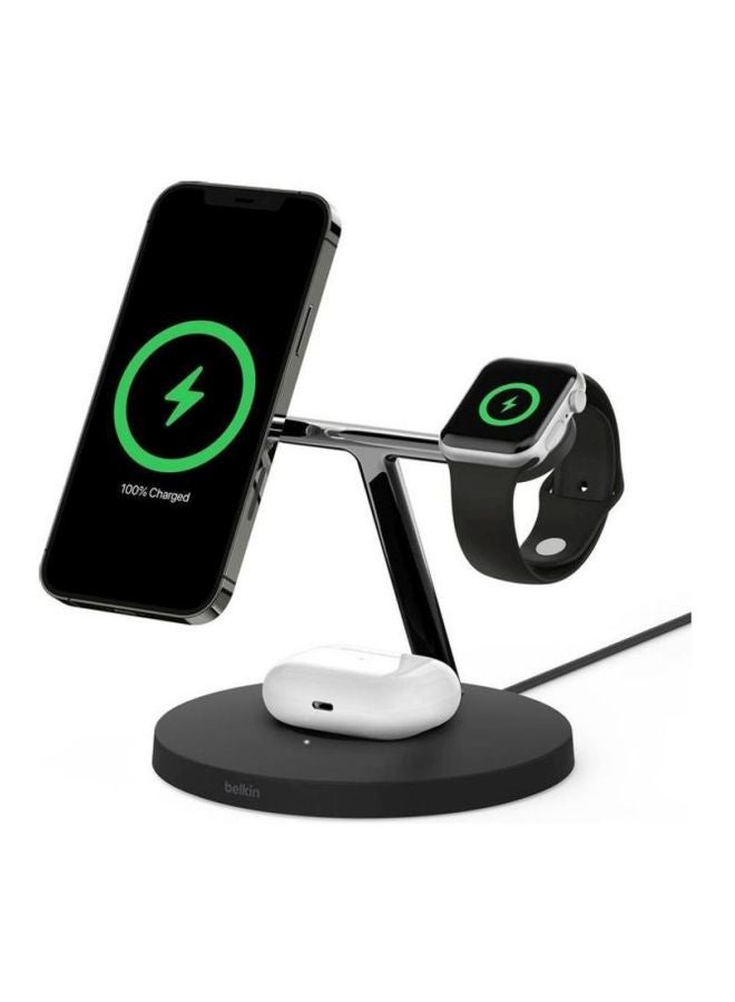 belkin - BoostCharge Pro 3-In-1 Wireless Charger Stand With MagSafe - For Apple iPhone 15/14/13/12 Series, Apple Watch Series SE/6/5/4/3/2/1 And AirPods/Airpods Pro Black - Image 1