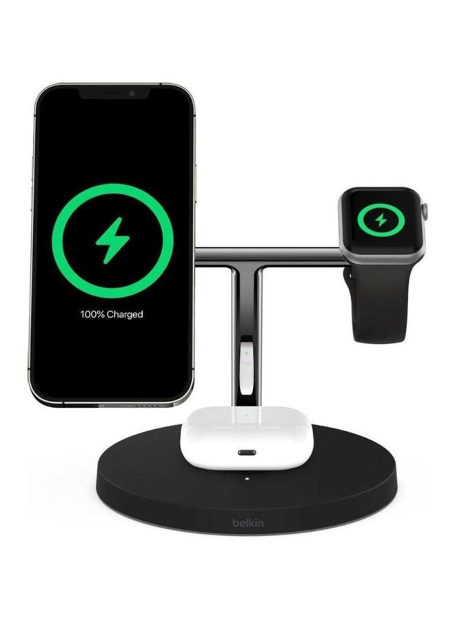 belkin - BoostCharge Pro 3-In-1 Wireless Charger Stand With MagSafe - For Apple iPhone 15/14/13/12 Series, Apple Watch Series SE/6/5/4/3/2/1 And AirPods/Airpods Pro Black - Image 1