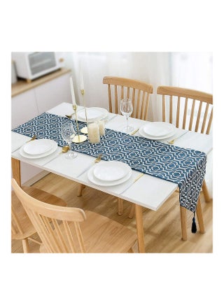 Moroccan Style Linen Table Runner Blue/White 32 x 180cm - view 3