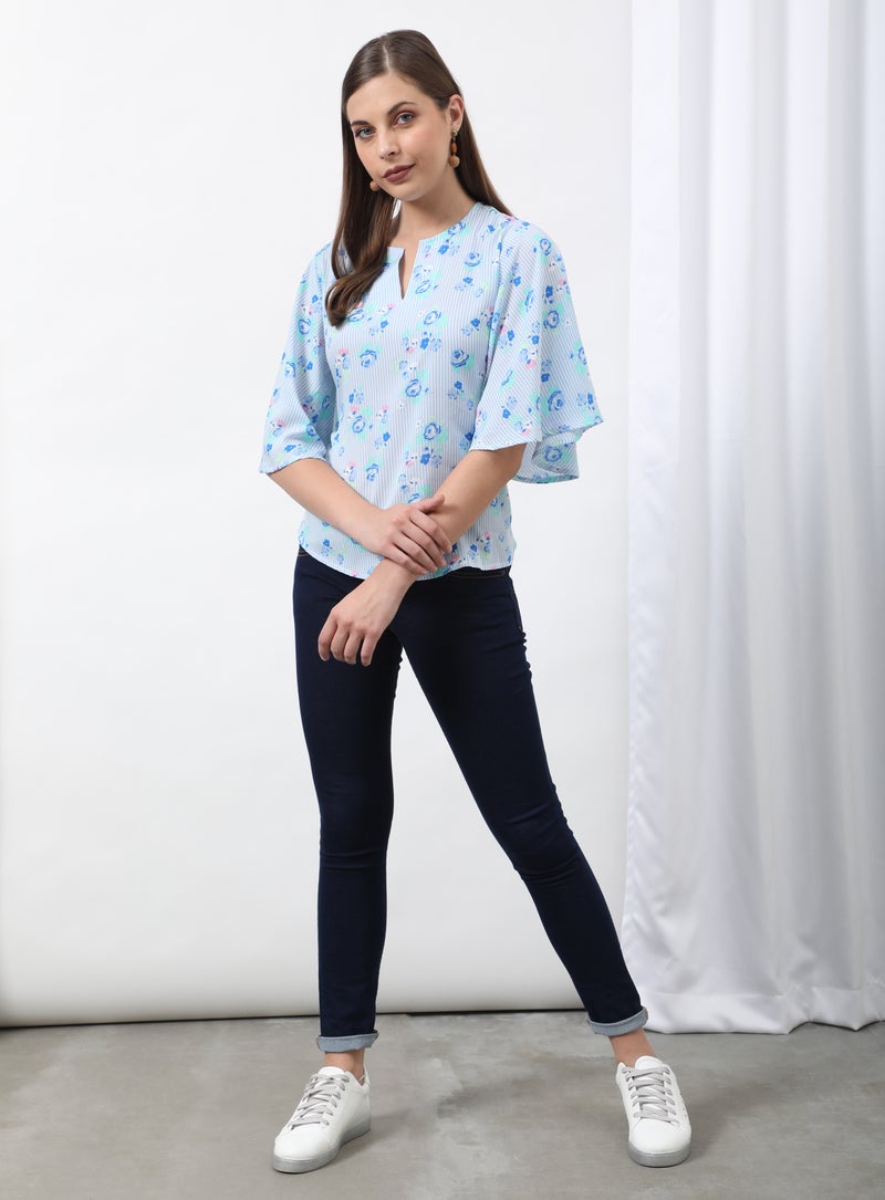 Aila Casual Mandarin Neck Printed Blouse Top Blue/White Aop - Image 4