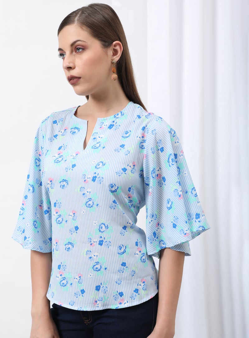Aila Casual Mandarin Neck Printed Blouse Top Blue/White Aop - Image 1