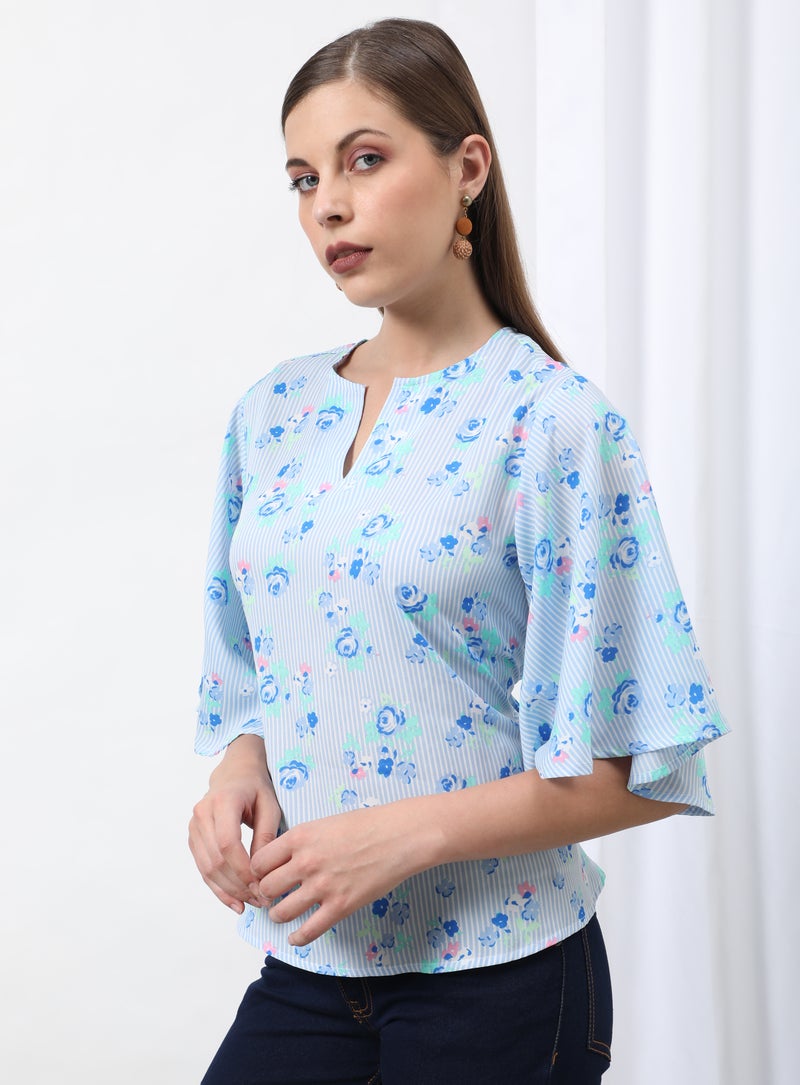 Aila Casual Mandarin Neck Printed Blouse Top Blue/White Aop - Image 3